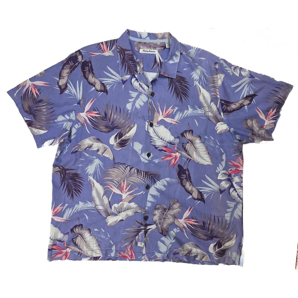 Tommy Bahama Blue Floral Bird's Eye Print Button Up S/S Silk Shirt Men's Size XL